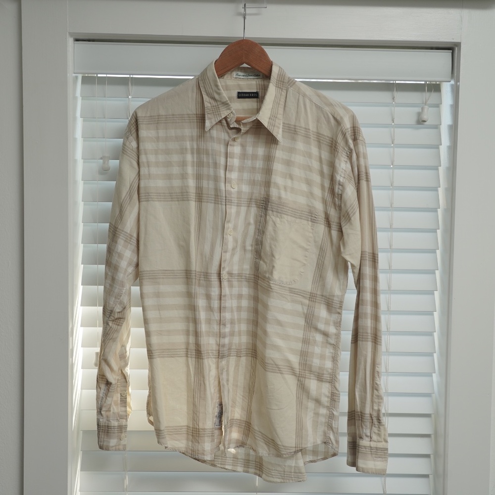 Gitman Bros made in USA linen blend dress shirt white/tan plaid size M